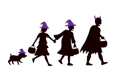 Silhouette of Children group and dog wearing Halloween clothes and hat as witch and devil carrying a pumpkin pot walking for solicit gifts.