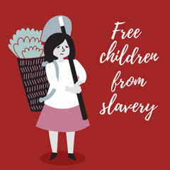 The girl is harvesting. The slave trade of children. Child abuse. Editable vector illustration