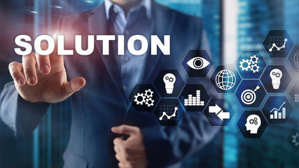 Business solutions, success and strategy concept. Structuring virtual diagram of business process with solutions.