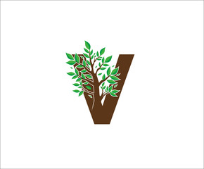 Abstract V Logo Letter Made From Brown Tree Branches with green leaves. Tree Letter Design with Minimalist Creative Style.