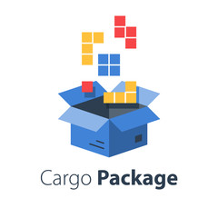 Fototapeta premium Logistics services, assemble parcel, multiple shop order, pack large set of items in box