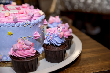 Homemade cupcake,happy Birthday, sweet food, selective focus.chocolate cupcakes.snack for birthday party or celebration. Gourmet cupcakes with pink, violet buttercream frosting and marshmallow