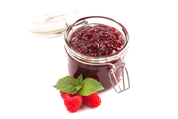 Jar of Homemade Raspberry Jam Isolated on a White Background