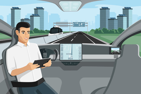 Passenger sitting in the seat with digital tablet when autonomous self driving car rides on the highway. Vector illustration