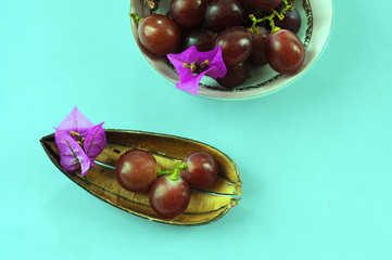 Grapes, fruit rich in complex B.Black green color, neomint.View from the top.Top.Space text.