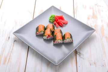 homemade sushi with salmon, cream cheese Philadelphia, Japanese omelette