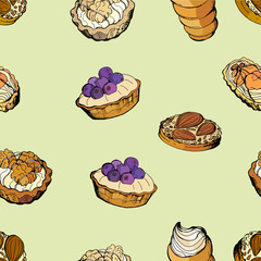 seamless background of  isolated elements, multi-colored drawings of cakes with cream and berries on a color  background  