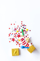 Box filled with party objects on white background top view mock-up