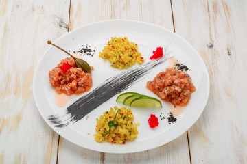 ceviche. Three colorful shrimps ceviche with mango, avocado and tomatoes. Latin American Mexican Peruvian Ecuadorian food.