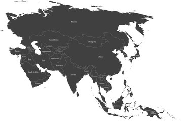 Map of Asia split into individual countries. Displaying full name of each country.