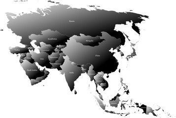 Map of Asia split into individual countries. Displaying full name of each country. Gradual coloring from white to black creating a 3D effect.