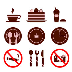 Food, drinks, camera, no Smoking: set of 9 vector icons. Cake, cake, plate, opening hours, fork, spoon