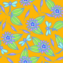 Dragonflies, water Lily, leaves, flowers - seamless pattern on orange background. Summer, lake, pond
