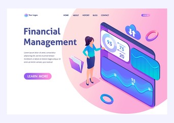 Young girl interacting with charts and analyzing statistics. Financial management concept. 3d isometric. For Landing page concepts and web design