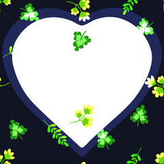 Large, white, heart symbol on a dark background with flowers and herbs. Template for social media, blank for ads and posts, copy space
