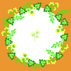 Cute, round wreath of medicinal herbs on orange and white background. Decor for social media, packaging, websites