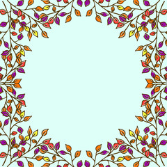 Delicate autumn frame of branches and leaves in the style of Doodle on a light blue background. Copy space, hand painting, framing