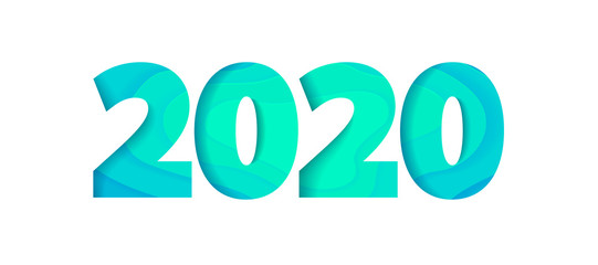 2020 banners set with 3D abstract background and paper cut shapes. Vector design layout for Christmas and happy new year, flyers, posters and invitations. Colorful carving art