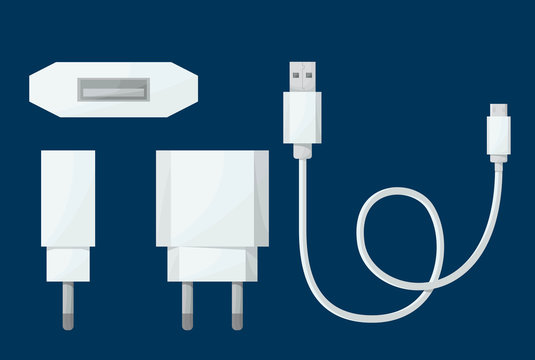 Smartphone USB charger adapter in different view with USB Micro cable. Vector illustration in cartoon style.
