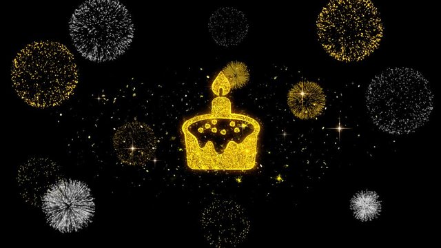 Birthday Easter Cake Icon on Glitter Golden Particles Effect Firework. Object, Shape, Text, Design, Element, symbol 4K Animation.