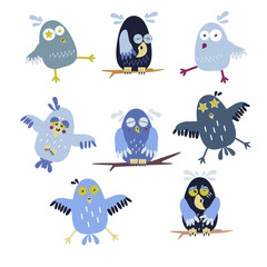 Cute vector owl characters showing different species. Vector illustration.
