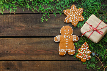 gingerbread (christmas atmosphere, new year holiday) decoration. top food background. copy space