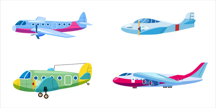 Set of airplanes aircraft different colour. Retro, personal, cargo speed