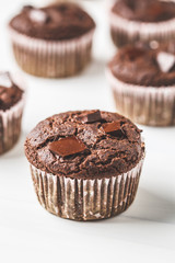 Chocolate vegan muffin in a paper cup on white background.