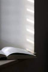 Open book left on a window sill, illuminated by sunlight. Selective focus.