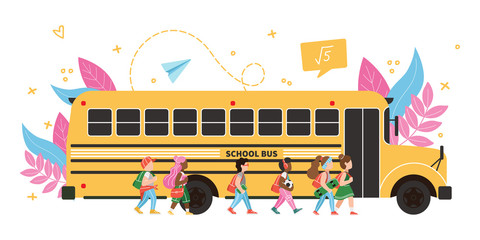 Yellow classic school bus with group of children. Side view. American education. Vector illustration on the white background © Iryna