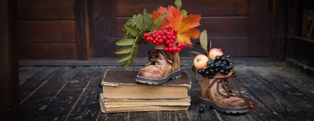 Autumn colorful maple leaves, ashberries, apples in old leather boots with books, back to school...