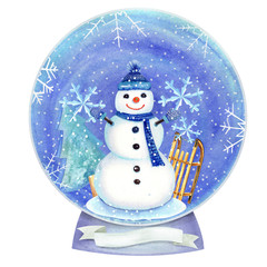 Snow globe with  snowman with christmas tree, carriage, snowflakes on a white background.  Hand painted in watercolor.