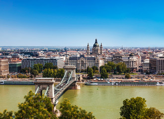 Fototapeta na wymiar Panorama of Budapest with the Szechenyi Chain Bridge and St. Stephen's Basilica, Hungary