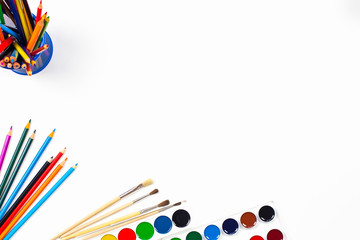 School and office supplies. school background. colored pencils, pen, pains, paper for school and student education. 