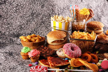 Unhealthy products. food bad for figure, skin, heart and teeth.