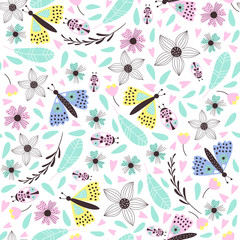 Cute  butterfly pattern with flowers. Vector