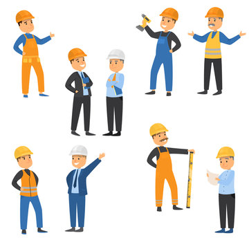 Workers at the construction site set. Raster illustration in flat cartoon style