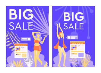 Set of vector posters. Women enjoy shopping and discounts. Women love their body, body positive, feminism. Big sizes. Sick summer sale, big discounts. Flat style