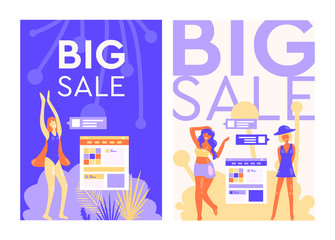 Set of vector posters. Women enjoy shopping and discounts. Women love their body, body positive, feminism. Big sizes. Sick summer sale, big discounts. Flat style