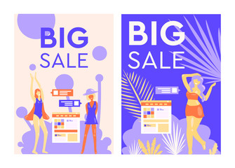 Set of vector posters. Women enjoy shopping and discounts. Women love their body, body positive, feminism. Big sizes. Sick summer sale, big discounts. Flat style