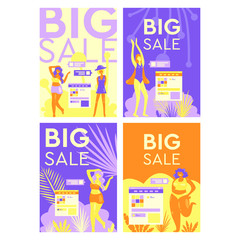 Set of vector posters. Women enjoy shopping and discounts. Women love their body, body positive, feminism. Big sizes. Sick summer sale, big discounts. Flat style