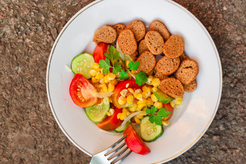salad vegetables and croutons (tomato, cucumber, onion, cracker, corn and other ingredients) menu. top food background. copy space