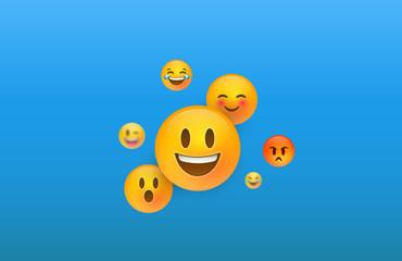 3D yellow emoji face icons on blue background