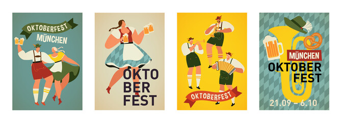 Fototapeta premium Grupa ludzi pije piwo Oktoberfest Party Celebration Mężczyzna i kobieta w tradycyjnych strojach tańczą pary, grają muzycy. Fest koncepcja płaski wektor ilustracja.
