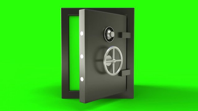 3d animation of opening and close a metal safe bank box with camera going toward with green screen