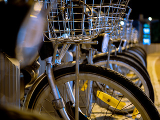bicycles parked and lined up