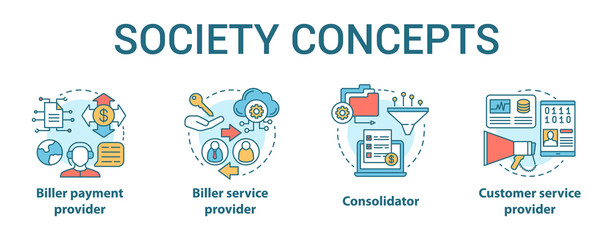 Billing concept icons set. Society idea thin line illustrations. Biller payment and service provider. Consolidator and customer service. E-commerce. Vector isolated outline drawings. Editable stroke