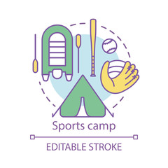 Sports camp concept icon. Summer active and competitive club, holiday resort idea thin line illustration. Sport, health oriented community. Vector isolated outline drawing. Editable stroke