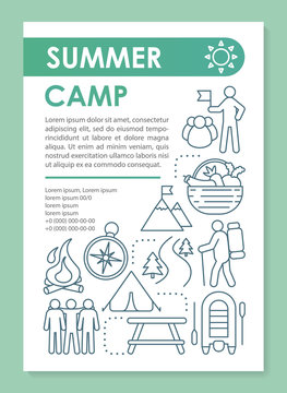 Forest hiking camp, vacation, holiday brochure template layout. Flyer, booklet, leaflet print design with linear illustrations. Vector page layouts for magazines, annual reports, advertising posters