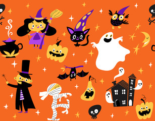 Vector seamless pattern for Halloween with funny cartoon characters.